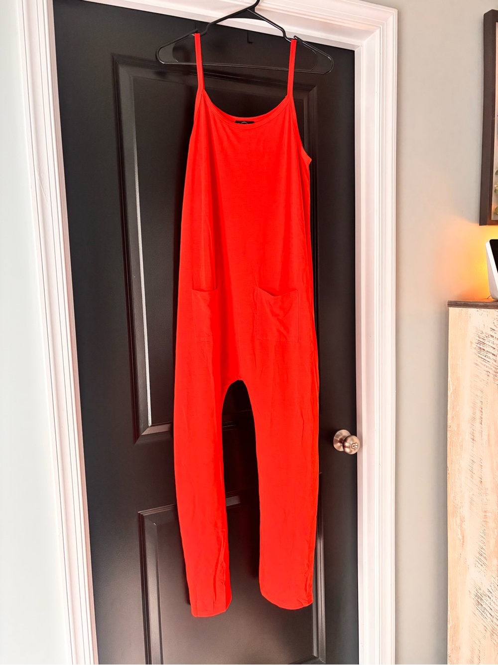 Bright Red orange Spaghetti-Strap Jumpsuit with Front Pockets